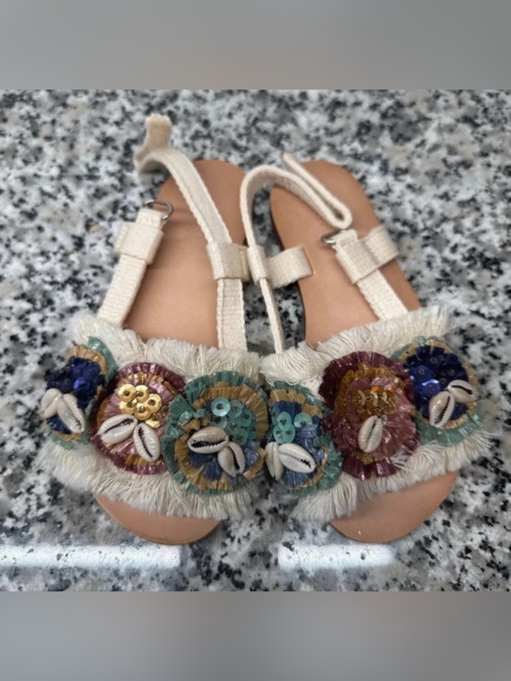Zara Beige Kids Sandals with Multicolor Sequin Flower Accents
